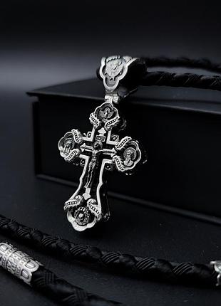 Серебряный крестик с эбеновым деревом и шнурок со вставками из серебра 925 пробы с чернением 846/4+кр014е 70