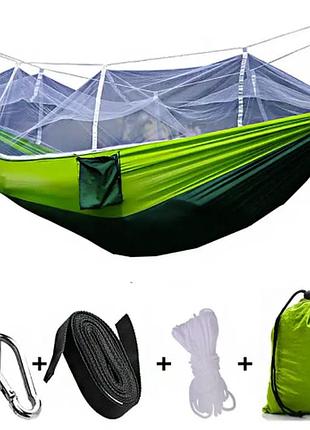 Подвесной туристический нейлоновый гамак для кемпинга с мокситной сеткой hammock net green 260х130см, зеленый