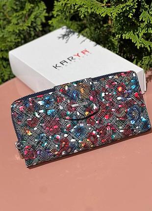 Гаманець karya натуральна шкіра туреччина три відділення для купюр на блискавці картхолдер на магніті квітковий принт чорний