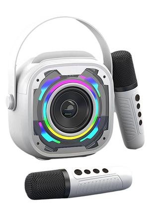 Портативна бездротова bluetooth караоке система переносна з двома мікрофонами led підсвічуванням та функцією зміни голосу v11 біла