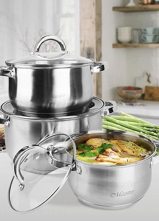 Набор кастрюль из нержавеющей стали 6 предметов maestro mr-2120-6l набор кухонной посуды с толстым дном
