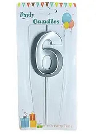 Свеча цифра “6” серебро с гранями, 6,9 см