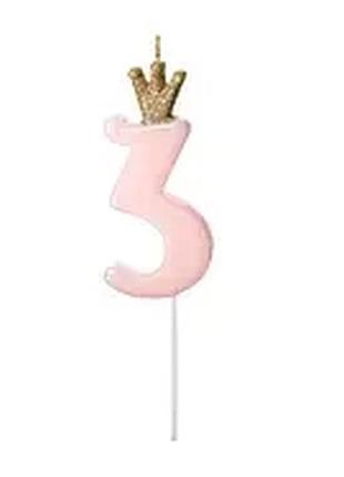 Свеча для торта "3" розовая с короной party deco