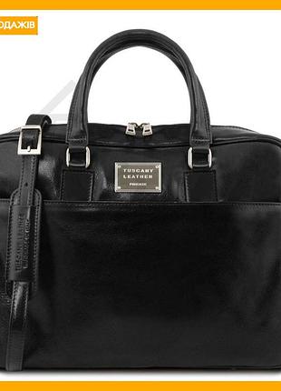 Кожаный портфель для ноутбука tuscany leather с передним карманом черный сумка для работы и учебы для мужчин