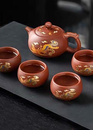 Чайный набор lesko 0321610 dragon and phoenix brown заварник 480 ml + 4 пиалы 5шт