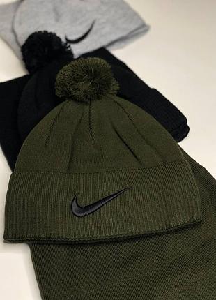 Мужская шапка nike с бубоном флис с баффом зимний комплект s-xl вышитый логотип найк мужская шапка с баффом снудом хаки