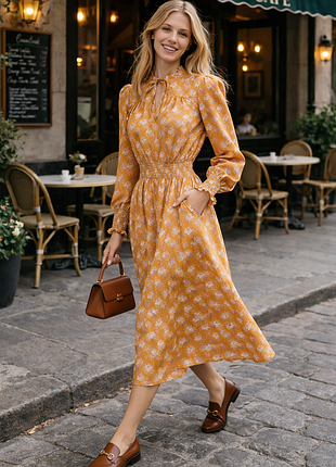 Женское платье-миди из крепа, горчичный цвет в цветочный принт