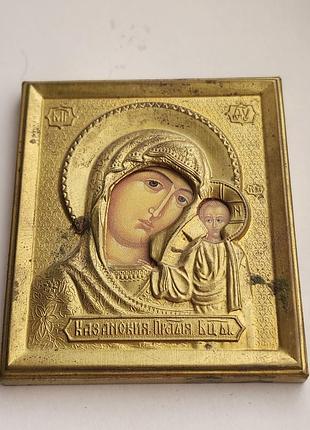 Икона казанской прессовой богодецы, латунная накладка.