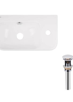 Комплект qtap tern: раковина підвісна прямокутна права 450х260х155 мм white + донний клапан pu02o