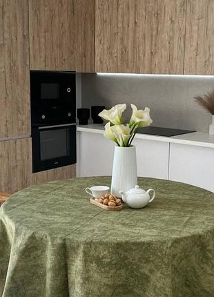 Скатерть круглая водоотталкивающая мраморная оливковая 170см