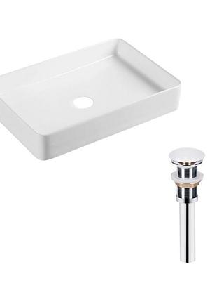 Комплект qtap tern: раковина накладна прямокутна 600x405x110 мм white + донний клапан pu02