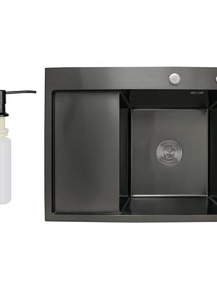Мийка для кухні з крилом інтегрована ліва lidz handmade h6350bl (ldh6350brul45589) brushed black pvd