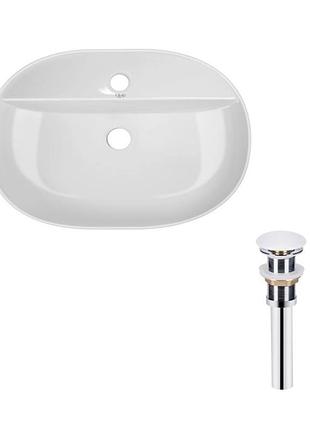 Комплект qtap scorpio: раковина накладна овальна 610x400x120 мм white + донний клапан pu02