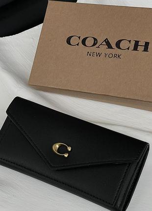 Жіночий місткий гаманець на кнопці чорний coach стильне довге портмоне із відділами для карток в фірмовому упакуванні