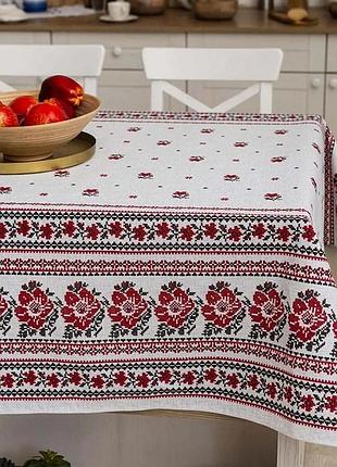Скатерть хлопковая рогожка украинский орнамент красный 200*140см