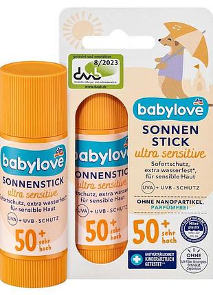 Детский солнцезащитный крем-стик для чувствительной кожи spf50+ babylove sonnenstick sensitiv 20 мл от dm (германия)