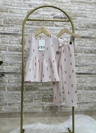Костюм для дівчинки zara з баскою в дрібні квіточки бавовна вафель