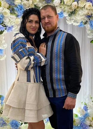Вышиванка мужская синий на льне (черный или бежевый). черный, 5xl (60)