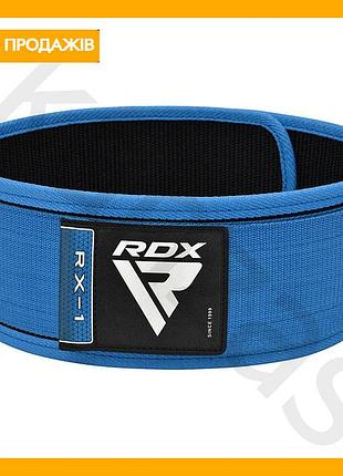 Пояс для важкої атлетики rdx rx1 синій нейлоновий ремінь для бодибілдингу підтримка спини та черевної області