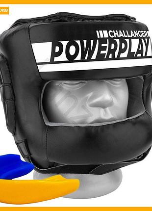Боксерский шлем тренировочный powerplay с бампером pu кожа черный для спаррингов и тренировок защита головы
