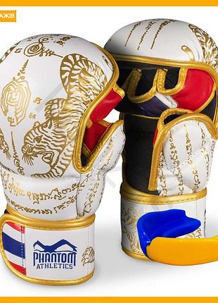 Рукавиці для мма phantom muay thai біло-золоті l/xl капа в комплекті захисні рукавички для тренувань
