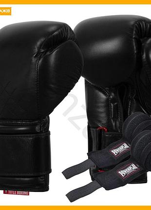 Боксерские перчатки title boxing 16 oz черные для тренировок из натуральной кожи бинты 4м в комплекте