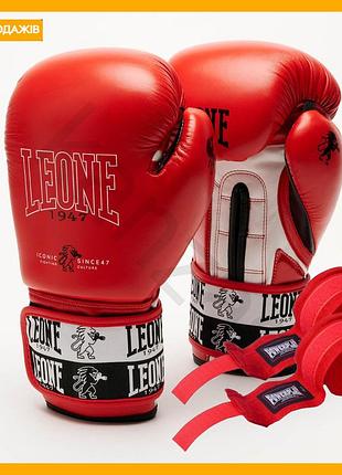 Боксерские перчатки leone 16 унций красные для взрослых из натуральной кожи бинты 4м в комплекте