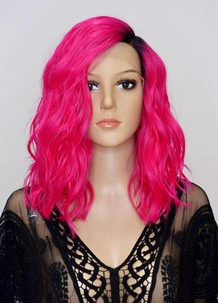 Перука на сітці lace wig яскравий рожевий каре кучерявий з проділом термо +шапочка під перука у подарунок!