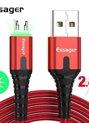 Зарядний кабель з підсвічуванням червоний essager micro usb 2.4 a 1метр
