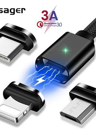 Магнітний кабель чорний essager (micro usb type-c, lightning) 1метр