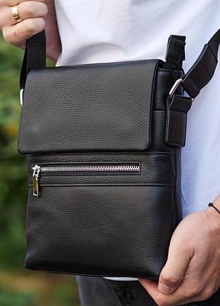 Мужской классический мессенджер через плечо кожаный черный tiding bag 80471