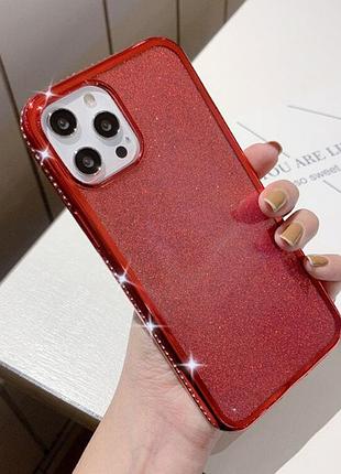 Силиконовый чехол iphone 13pro красный+камни сваровски