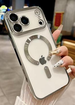 Прозрачно-серебряный чехол для iphone 17 pro magsafe и защитой на камеру
