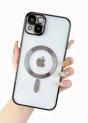Прозрачно-чорний чехол для iphone 15 magsafe та захистом на камеру