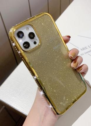 Силиконовый чехол 2в1 с камнями сваровски для iphone 12/12pro золотой