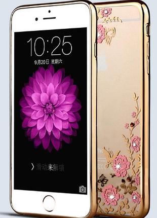 Силиконовый чехол с золотым ободком и узорами и камнями сваровски для iphone 5/5s