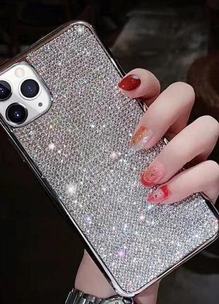 Серебряный силиконовый чехол для iphone 13pro с камнями сваровски