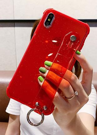 Силиконовый прозрачно-красный чехол для iphone 11pro блесточки+кольцо+держатель