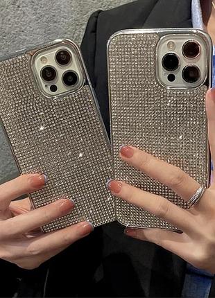 Серебряный силиконовый чехол для iphone 12/12pro с камнями сваровски