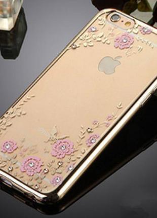 Силиконовый чехол для iphone 6/6s с золотыми ободами и розовыми цветами
