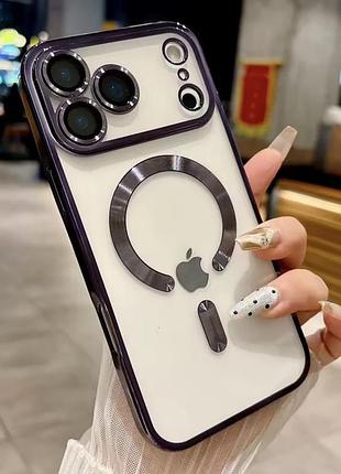 Прозрачно-фиолетовый чехол для iphone 17 pro magsafe и защитой на камеру