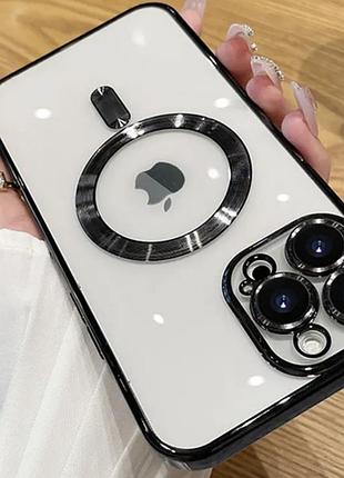 Прозрачно-чорний чехол magsafe та захистом на камеру для iphone 14 pro