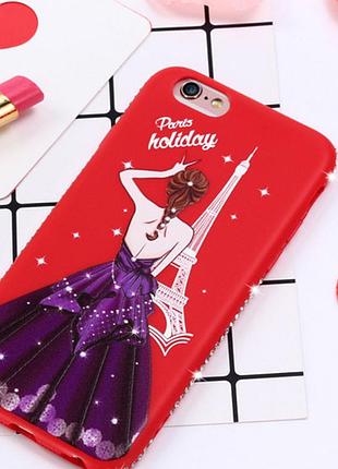Красный силиконовый чехол с фиолетовой девушкой и камушками swarovski для iphone 6/6s