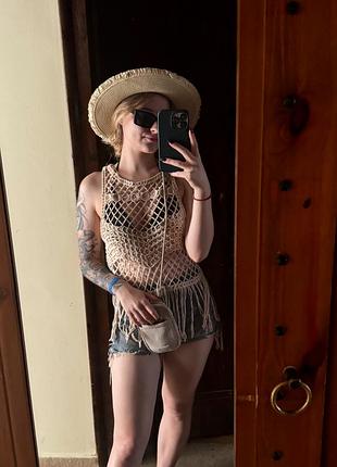 Гарний топ на літо  zara ecru macrame fringe top