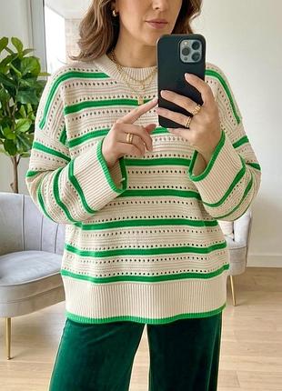 Жіноча кофта жіночий светр світер у смужку бежевий зелений женский свитер женская в полоску батал купить размер xl xxl xxxl купити розмір хл ххл хххл