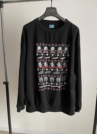 Новорічний світшот светр чорний з принтом хорор horror icons (halloween, freddy, jason) розмір xxl