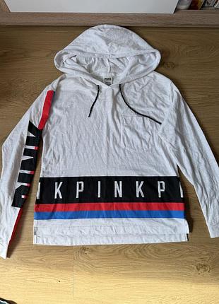 Легка біла футболка з довгим рукавом та капюшоном (hoodie tee) від молодіжної лінійки victoria's secret — pink