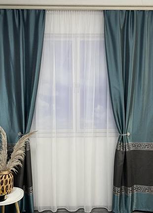 Жаккардовые шторы бирюзового цвета 2шт. 140х270 с белым шифоновым тюлем 400х270, на тасьме (shtn-k7-3)