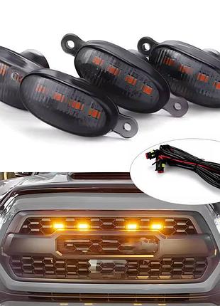 Светодиодные габаритные огни в решетку радиатора авто 12v - желтый цвет света (комплект 4-шт + проводка)