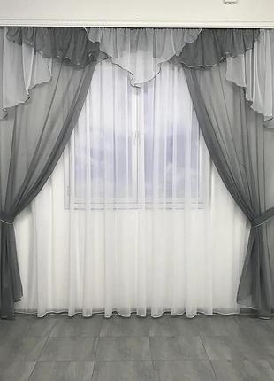 Шифоновые шторы с ламбрекеном серого цвета на тасьме (ls-295-35)